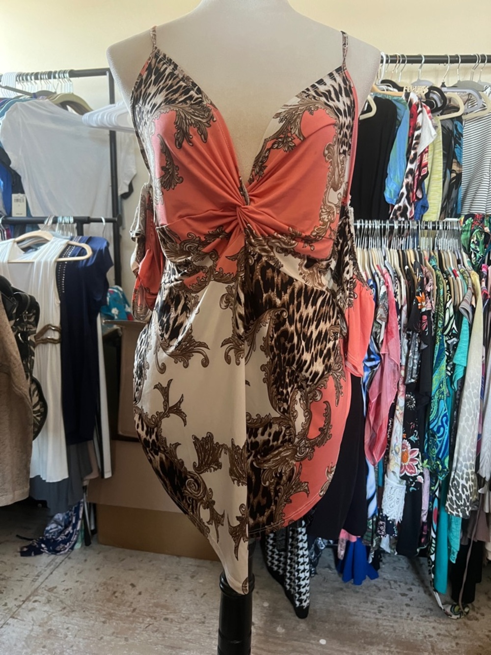 Venus Coral & Cream Twist-Front Printed Spaghetti Strap Cami peekaboo shoulder